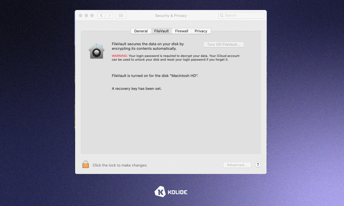 A screenshot of the FileVault settings in macOS' Security & Privacy settings.