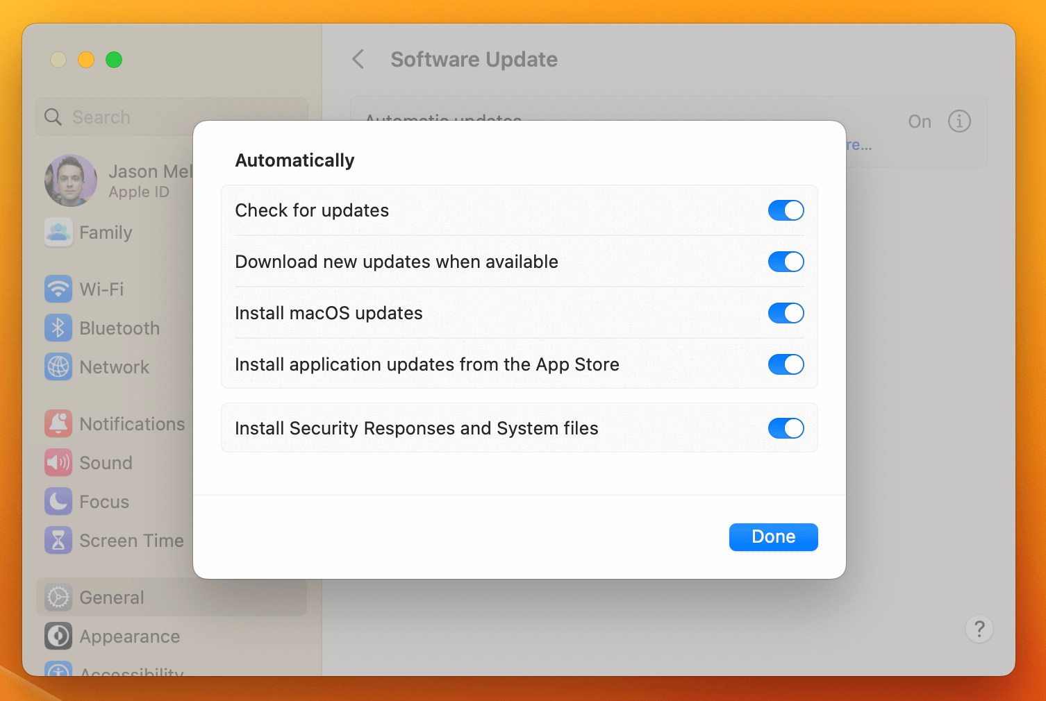 A screenshot of the macOS Ventura automatic update settings