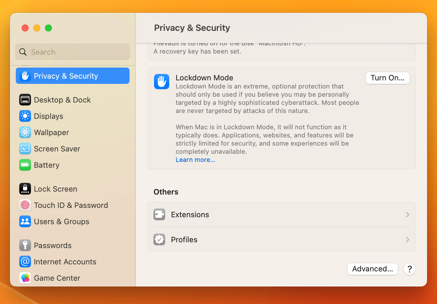 Screenshot of macOS Ventura Privacy Pane with the Lockdown Mode toggle visible