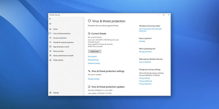 Snímek obrazovky aplikace Windows Security