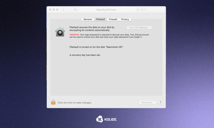 Uno screenshot delle impostazioni FileVault in macOS