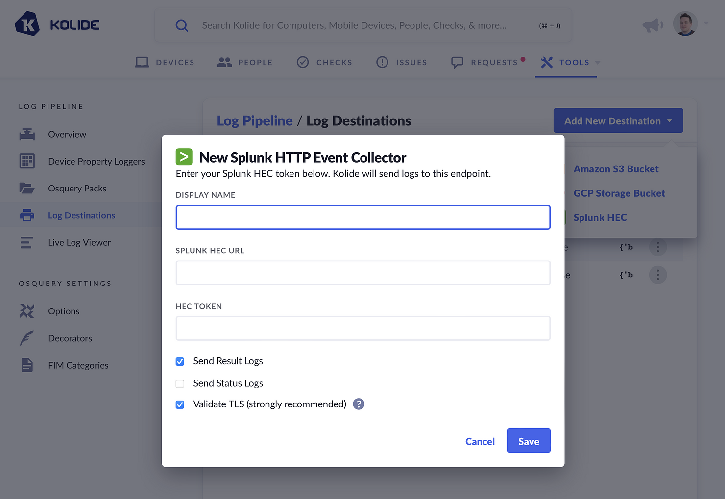 Configuring Splunk HEC Kolide Zero Trust Access Designed for Okta